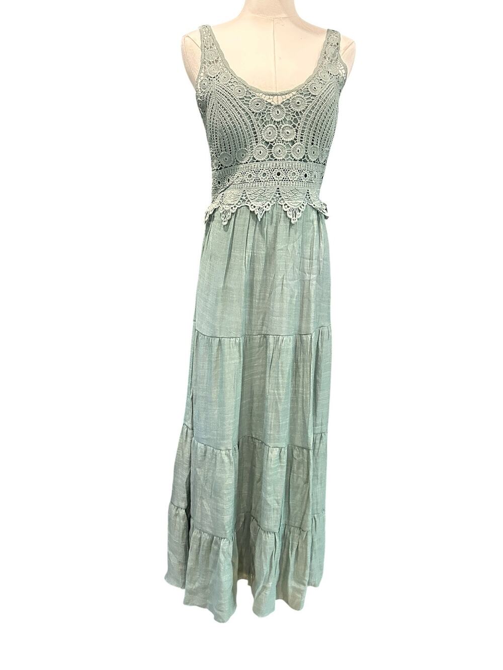 Anthropology Kings Road Maxi Dress NWT Baby Doll Boho SM Sage Green Crochet Lace